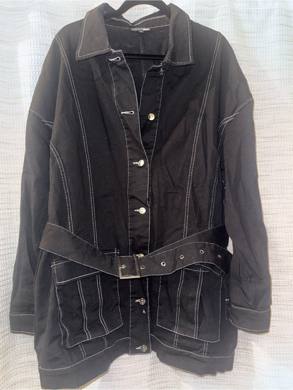 Fashion Nova Black Long Sleeve Belted Stitch-Detail Jacket